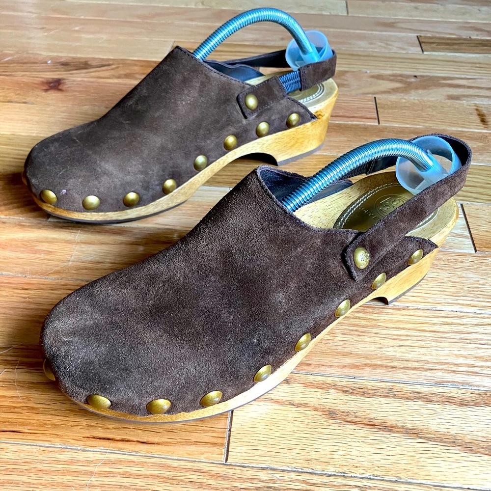 Brown Suede Mules with Gold Accents